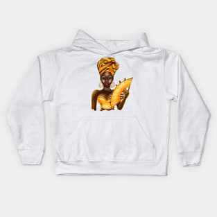 Queen Black is beautiful black girl with Gold headscarf, necklace, earrings, gold dress and head wrap, brown eyes and dark brown skin ! Kids Hoodie